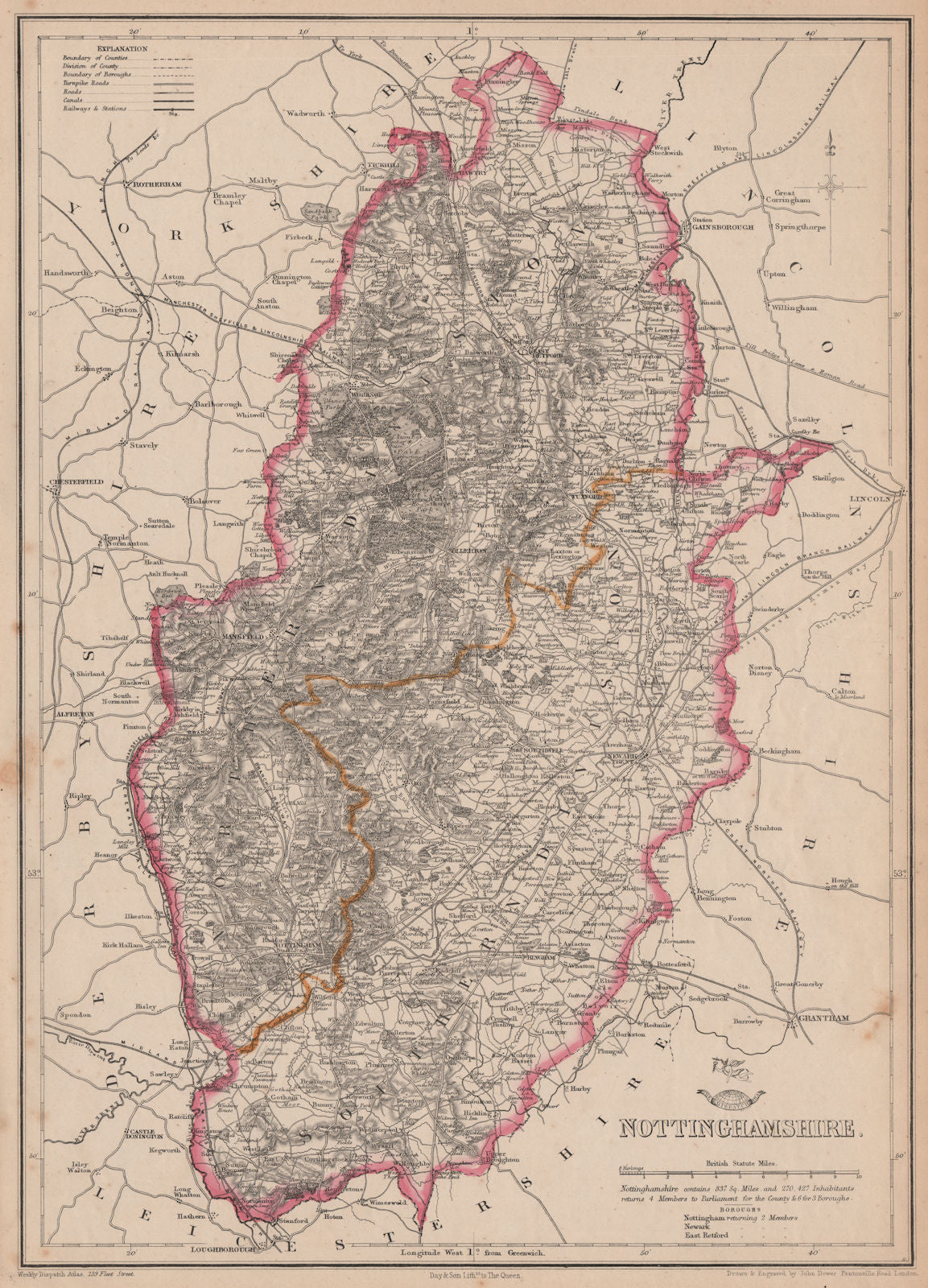NOTTINGHAMSHIRE. Antique county map. Railways Dukeries. DOWER 1862 old